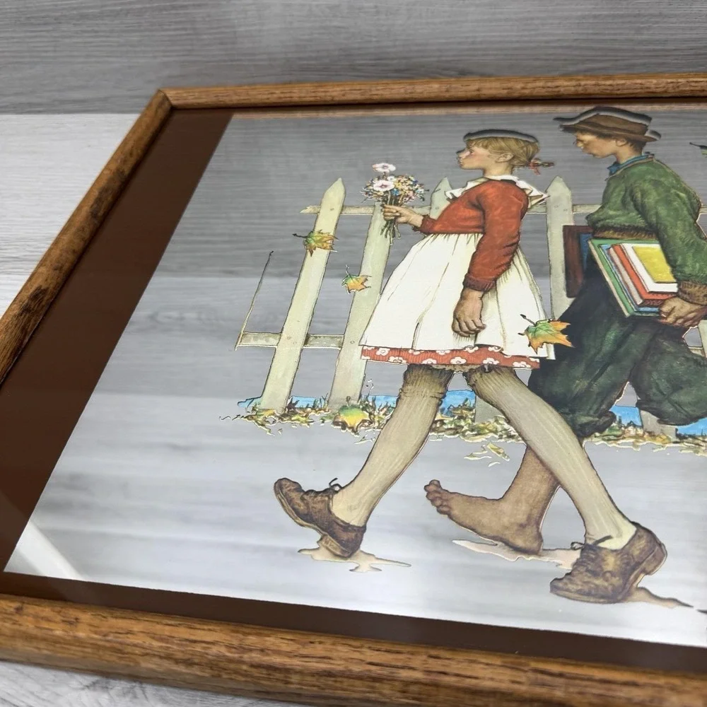 Norman Rockwell Walking to School Framed Mirror Oak Wood Vintage Wall Decor